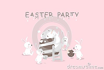Easter party, liquid melted text, greeting card holiday, chocolate and cream decoration, rabbit with dessert egg fancy, cute bunny Vector Illustration