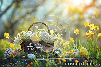 Easter pastel colored card Eggs Bunny Jubilation Basket. White floral arrangements Bunny christian greeting easter bunny card Cartoon Illustration