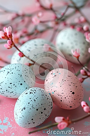 Easter pastel colored eggs and flowers. ai generated Stock Photo