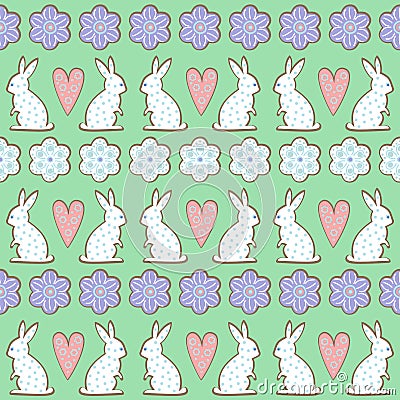 Easter pattern, card - bunny, flowers, hearts on mint green background. Vector Illustration