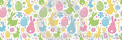 Easter pattern with decorative eggs, bunnies and flowers. Wallpaper or wrapping paper concept. Banner. Vector Stock Photo