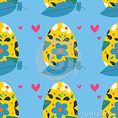 Easter pattern with egg with floral ornament, feathers, hearts Vector Illustration