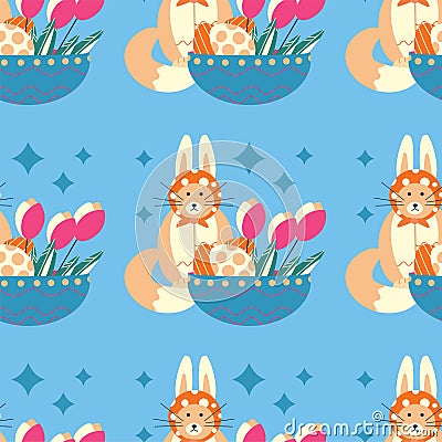 Easter pattern with a plate with eggs and a cat with rabbit ears, and flowers tulips Vector Illustration