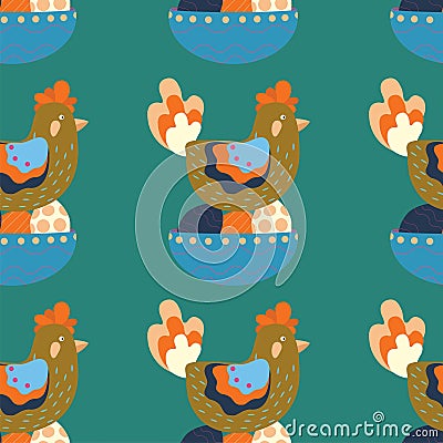 Easter pattern with a plate with eggs and a chicken sitting on eggs Vector Illustration