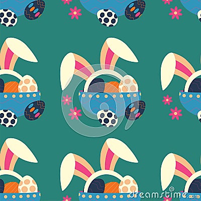 Easter pattern with a plate with eggs and rabbit ears, and flowers Vector Illustration