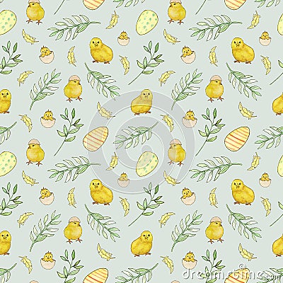 Easter pattern. Watercolor seamless pattern with little chickens and green twigs, with Easter eggs and feathers. Stock Photo