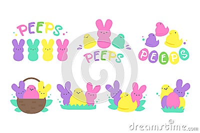 Easter Peeps. Simple Rabbit Vector Various colors made from candy and marshmallows. For celebrating Easter Vector Illustration