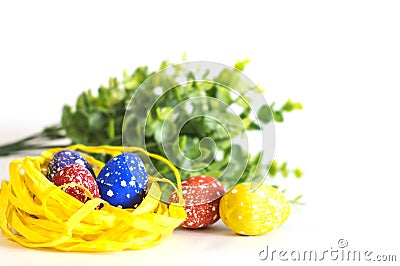 Easter photo. Easter eggs on the table, white background. Stock Photo