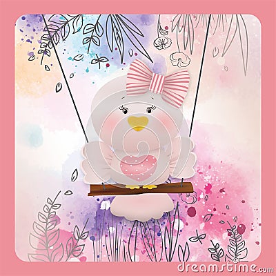 Easter Pink bird on spring flower background Stock Photo