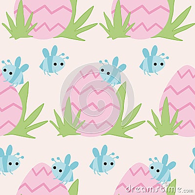 Easter pink egg and blue bees, seamless pattern Vector Illustration