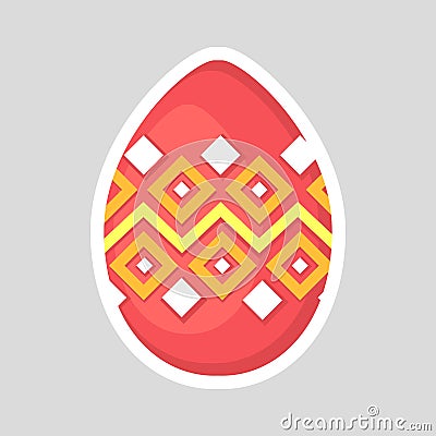 Easter pink egg icon on a gray background with colored contrasting ornament of zig zag line and rhombus. Stock Photo