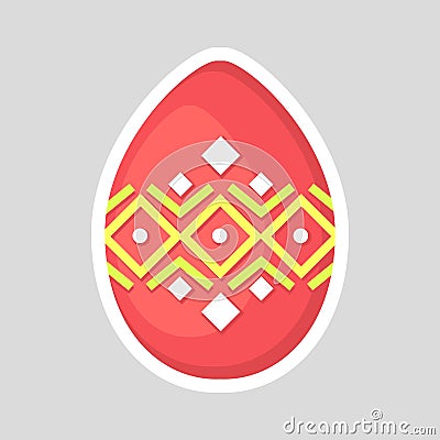 Easter pink egg icon isolated on a gray background with colored contrasting ornament of rhombus, geometric line and points. Vector Illustration