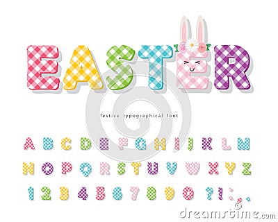 Easter plaid font. Colorful textile alphabet. Cute cartoon letters and numbers. Vector Vector Illustration