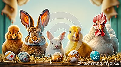Easter Portrait: Rabbit, Lamb, Baby Chick, and Hen with a Colorful Painted Easter Eggs Stock Photo
