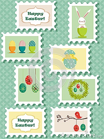 Easter postal stamps set Vector Illustration