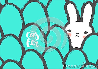 Easter Postcard with Cute Bunny and Eggs. Vector Illustration