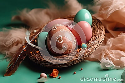 Easter postcard with decorative colorful eggs in nest on pastel color background Stock Photo