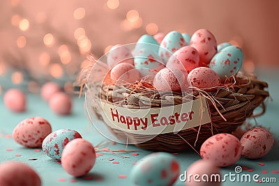 Easter poster and banner with Easter eggs in wicker basket in pastel colors with text happy Easter Stock Photo