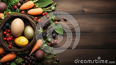 Easter Poster and Banner Template with Flowers, Carrots, and Easter Eggs in Nest on Table. Stock Photo