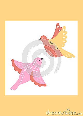 Easter poster with colorful flying birds on a yellow background. Vector Illustration