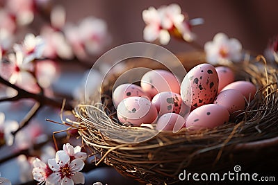 Easter poster with Flower and Easter eggs in the nest on light pink background Stock Photo