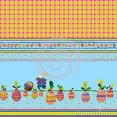 Easter print for home textiles. Cute bunny collecting Easter eggs. Stock Photo