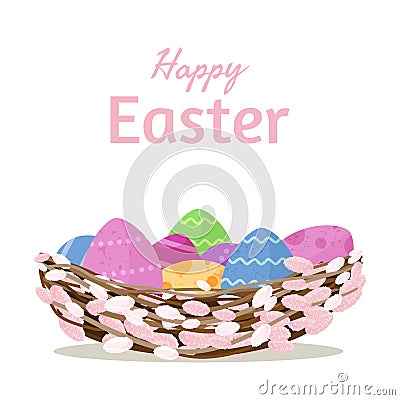 Easter pussy willow nest with colorful eggs. Happy Easter poster. Flat vector illustration Vector Illustration