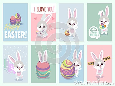 Easter rabbit cards. Baby rabbits cute and color eggs party invitation vector set Vector Illustration