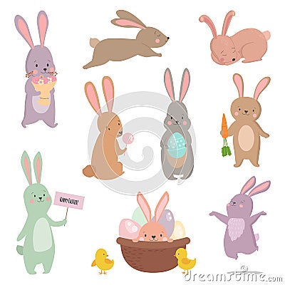 Easter rabbit character bunny different pose vector set Vector Illustration