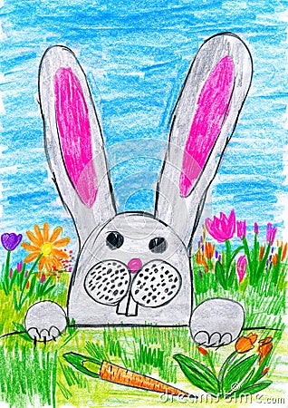 Easter rabbit on green grass meadow with eggs and vegetables, holiday concept, spring season, child drawing on paper Stock Photo