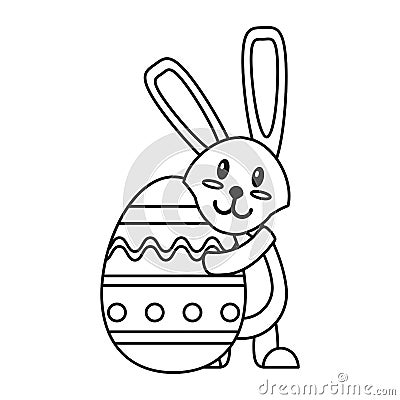 Easter rabbit hugging egg thin line Vector Illustration