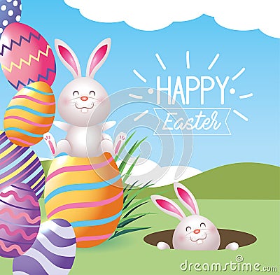 Easter rabbits with eggs figures decoration Vector Illustration