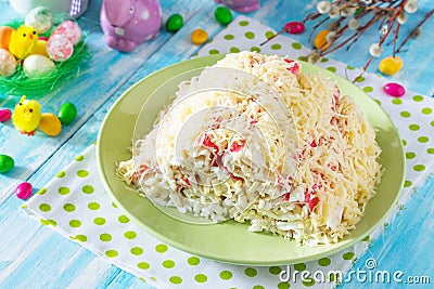Easter recipe, festive appetizer. Salad stuffed with crab sticks Stock Photo