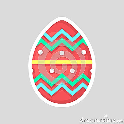 Easter red egg isolated on a gray background with colored contrasting ornament of zig zag, cut and points. Stock Photo