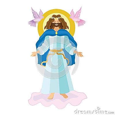 Easter resurrection religious background - risen Lord Jesus Christ on cloud in the sky vector illustration. Holy week Vector Illustration