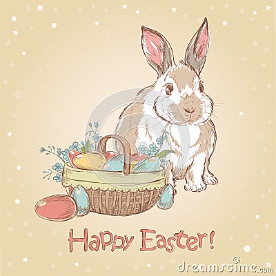 Easter retro card with cute hand drawn bunny Vector Illustration