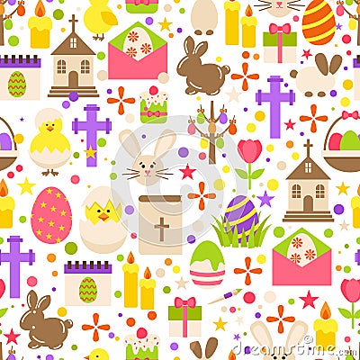 Easter retro seamless pattern with cute flowers and sweets, bird bunny on white background Vector Illustration