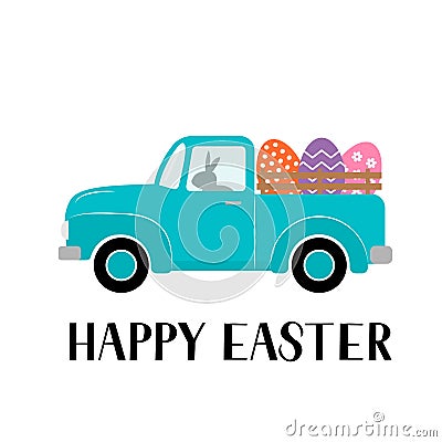 Easter retro truck with eggs. Easter celebration typography poster. Spring holidays vector illustration. Easy to edit Vector Illustration