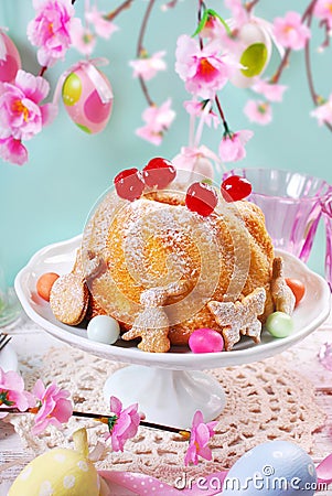 Easter ring cake with cherry decoration and icing sugar Stock Photo