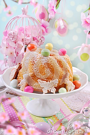 Easter ring cake with candy eggs decoration Stock Photo