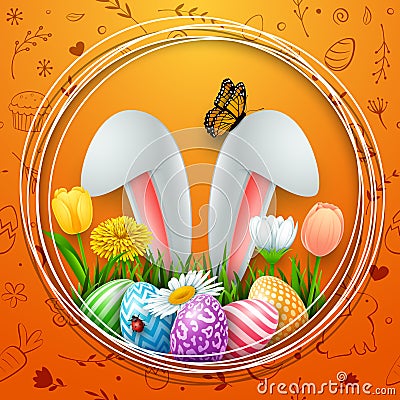 Easter round frame with colorful eggs, bunny ears, flowers, grass, and insects on cute doodle background Vector Illustration