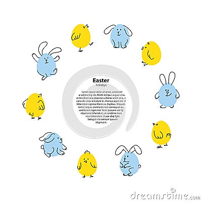 Easter round frame with funny bunnies and chicks Vector Illustration