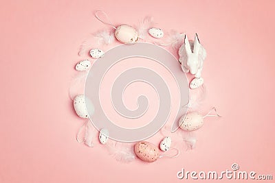 Easter round frame on pink background and copy space Stock Photo