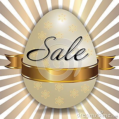 Easter sale background with decorated white egg and golden ribbon Vector Illustration