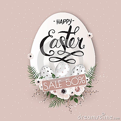 Easter sale banner background template with beautiful colorful spring flowers and eggs. Vector illustration Cartoon Illustration