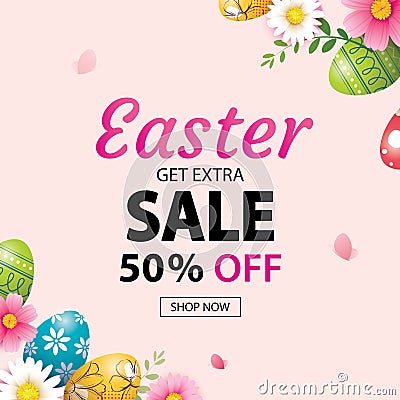 Easter sale banner design template with colorful eggs and flowers. Use for advertising, flyers, posters, brochure, voucher Vector Illustration