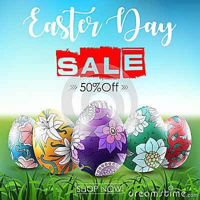 Easter sale banner with ornamental easter eggs in the grass Vector Illustration