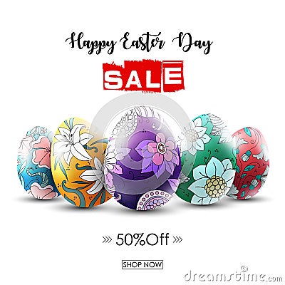 Easter sale banner with ornamental easter eggs Vector Illustration