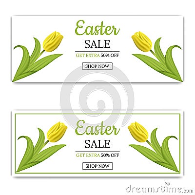 Easter Sale Banner Template Background with Yellow Tulips. Voucher, flyers, invitation, posters, brochure, coupon. Vector. Vector Illustration