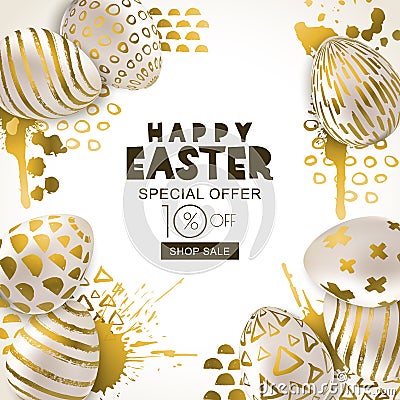 Easter sale banner. Vector golden 3d eggs hand painted decoration. Design for holiday flyer, poster, party invitation. Vector Illustration